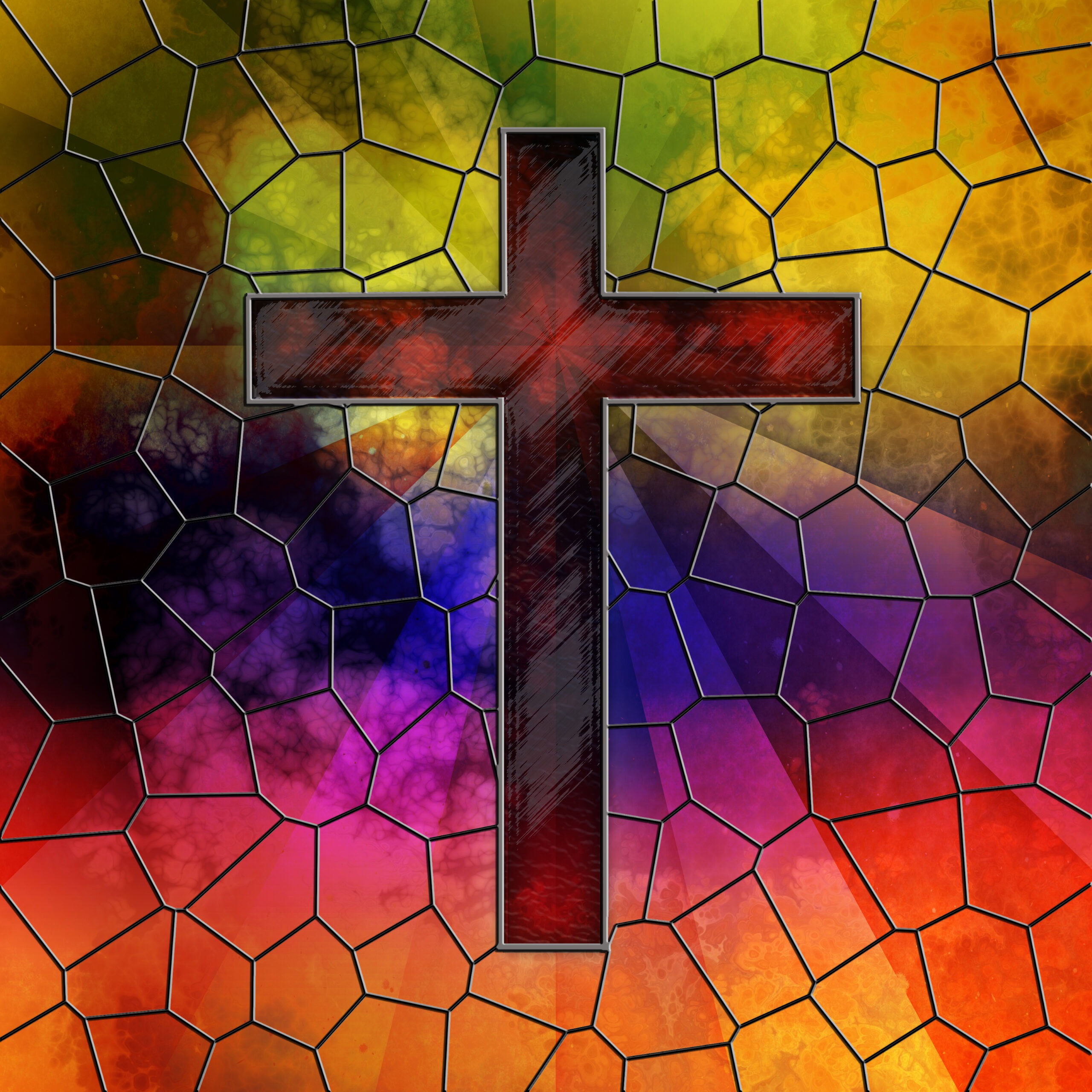 Red Glass Cross on Stained Glass Window Panel